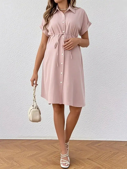 New Maternity Dress Summer Short Sleeve Button Casual Maternity Dress Fashion Belt Shirt Maternity Dress Pregnancy Dress by Dropshipman