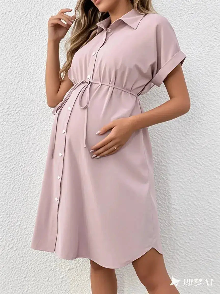 New Maternity Dress Summer Short Sleeve Button Casual Maternity Dress Fashion Belt Shirt Maternity Dress Pregnancy Dress by Dropshipman