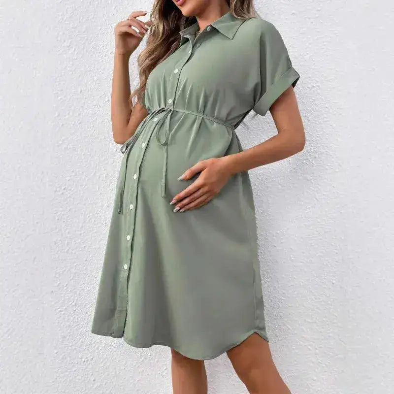 New Maternity Dress Summer Short Sleeve Button Casual Maternity Dress Fashion Belt Shirt Maternity Dress Pregnancy Dress by Dropshipman
