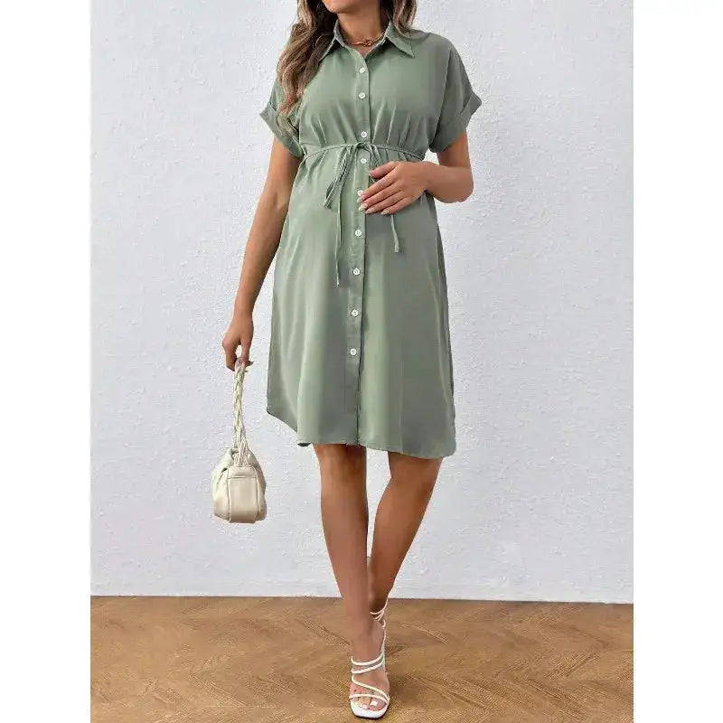 New Maternity Dress Summer Short Sleeve Button Casual Maternity Dress Fashion Belt Shirt Maternity Dress Pregnancy Dress by Dropshipman