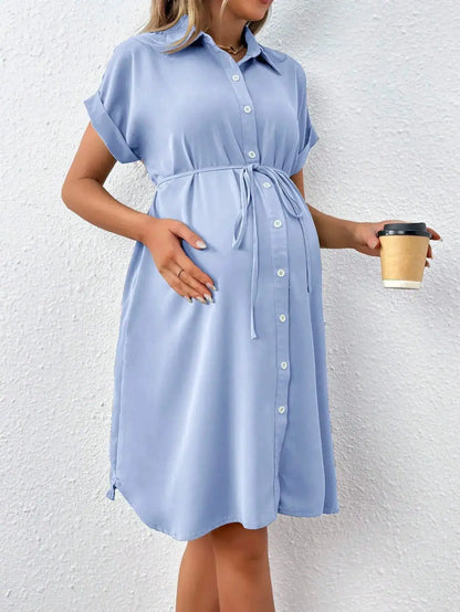 New Maternity Dress Summer Short Sleeve Button Casual Maternity Dress Fashion Belt Shirt Maternity Dress Pregnancy Dress by Dropshipman