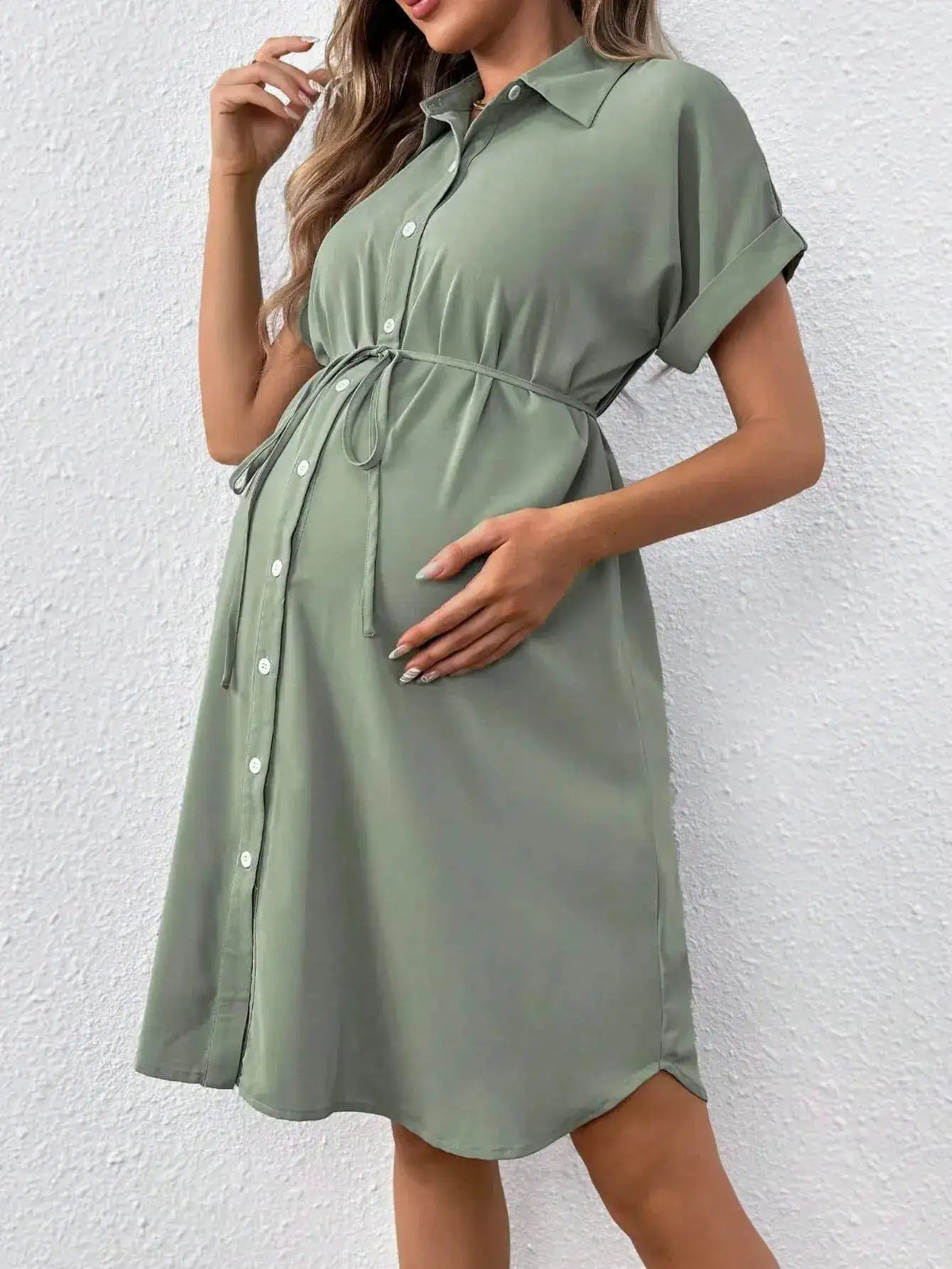 New Maternity Dress Summer Short Sleeve Button Casual Maternity Dress Fashion Belt Shirt Maternity Dress Pregnancy Dress by Dropshipman
