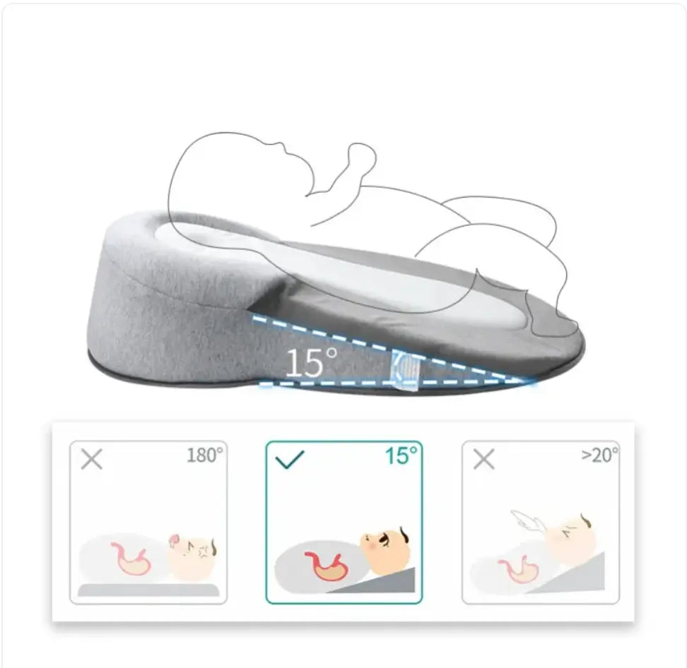 Light grey SHOPEZRA L.L.C. baby anti-spit up pillow with safety strap, designed to keep infants comfortable during feeding.