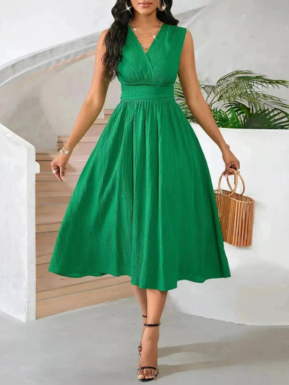 Summer Long-Sleeveless Dress Wave Pleats Gathered Holiday Party Gown Elegant Women&