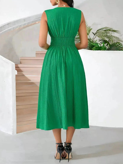 Summer Long-Sleeveless Dress Wave Pleats Gathered Holiday Party Gown Elegant Women&