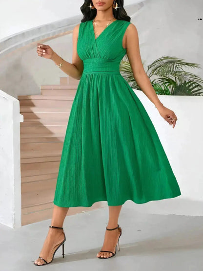 Summer Long-Sleeveless Dress Wave Pleats Gathered Holiday Party Gown Elegant Women&