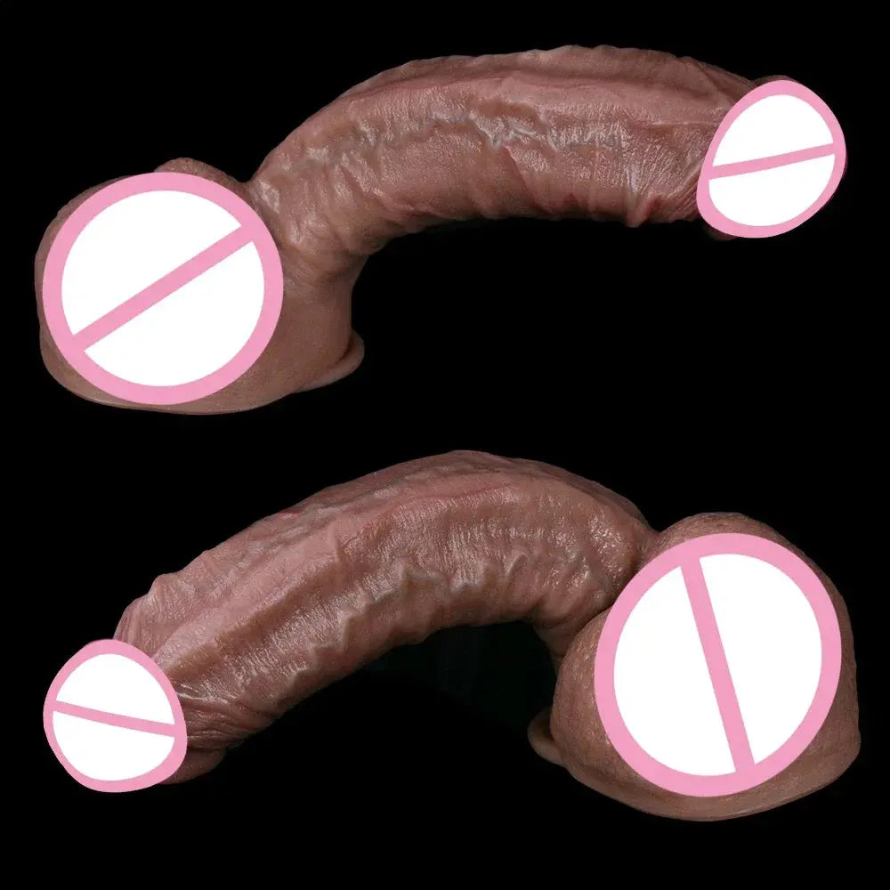 Realistic soft silicone adult dildo with double-ended design, suction cup base, suitable for man and woman use, in flesh color.