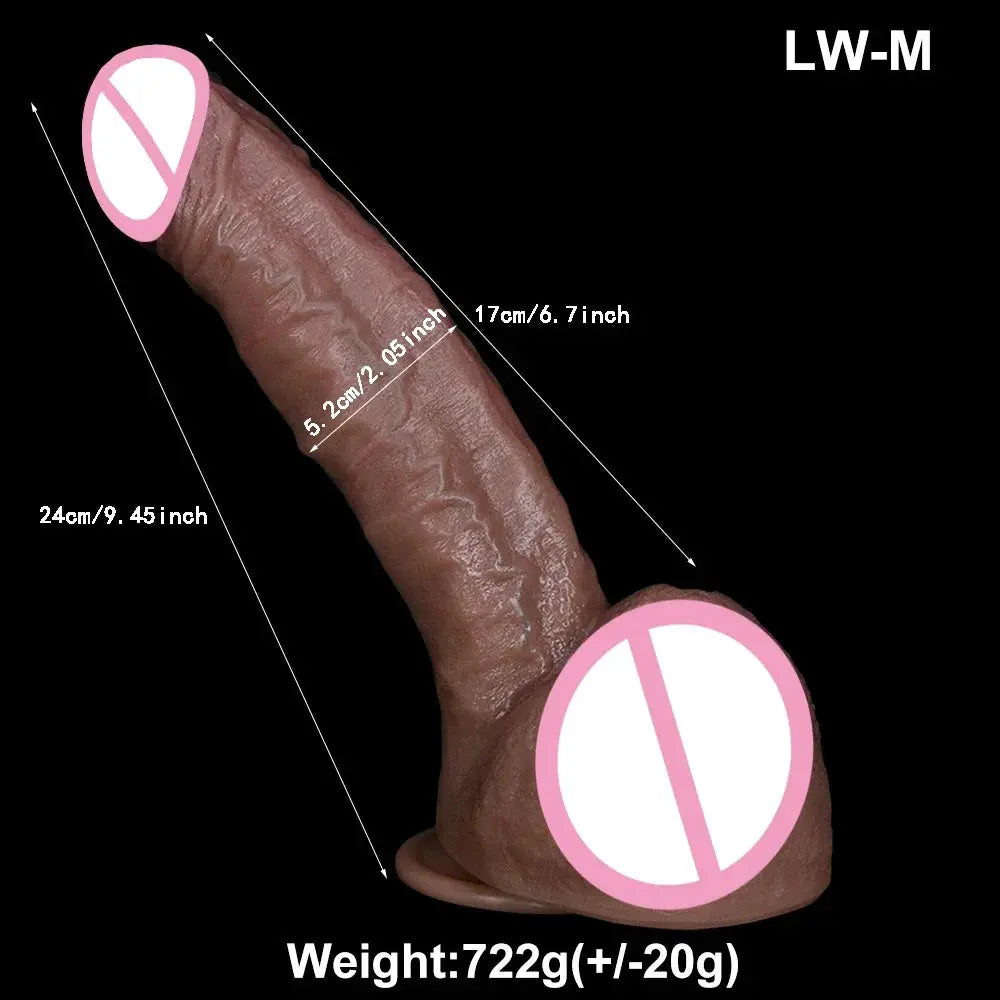 Realistic large silicone adult dildo with double-ended design, suction cup base, for male and female anal and vaginal stimulation.