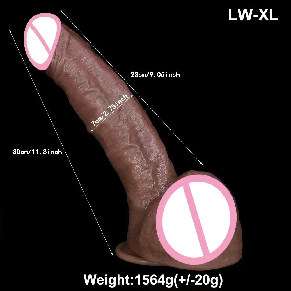 Realistic soft silicone large adult dildo with double-ended design, suction cup base, suitable for male and female pleasure.