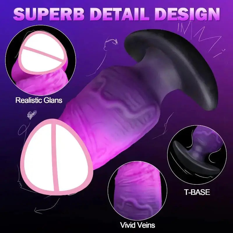 Large realistic silicone anal plug with T-base, wearable sex toy for men and women, soft material, butt massager and penetration.