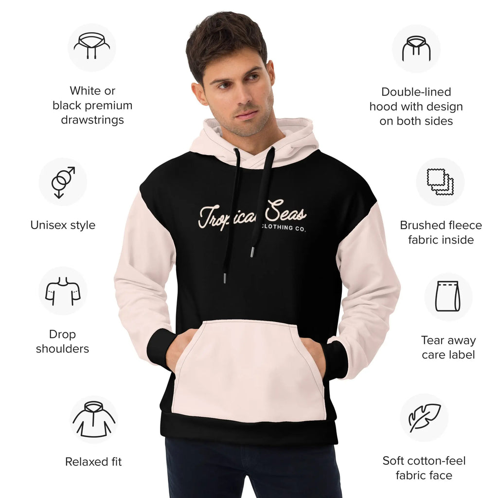 Model wearing a Pink Sand Two-Toned Tropical Seas hoodie with brushed fleece inside and relaxed fit.