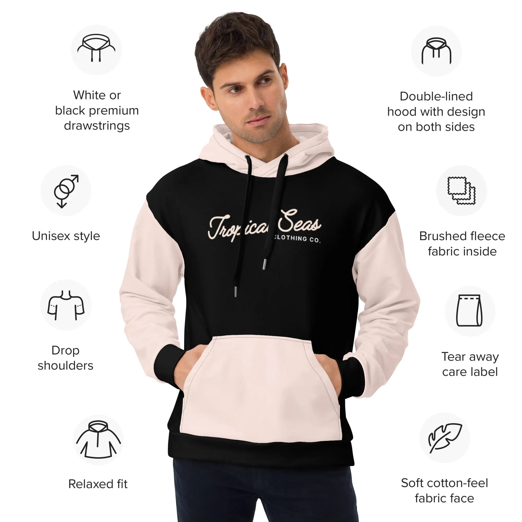 Model wearing a Pink Sand Two-Toned Tropical Seas hoodie with brushed fleece inside and relaxed fit.