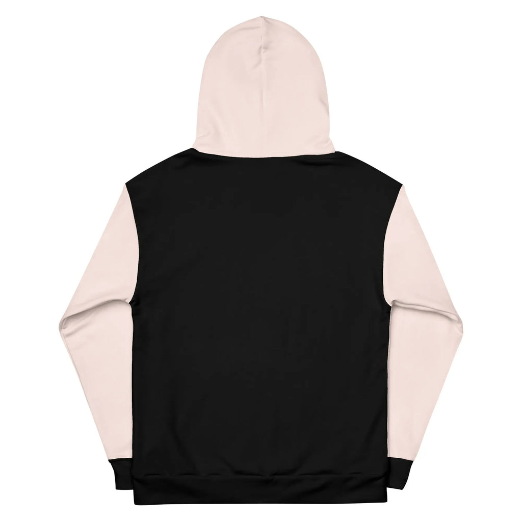 Back view of the Pink Sand Two-Toned Tropical Seas Hoodie featuring a black and pink design.