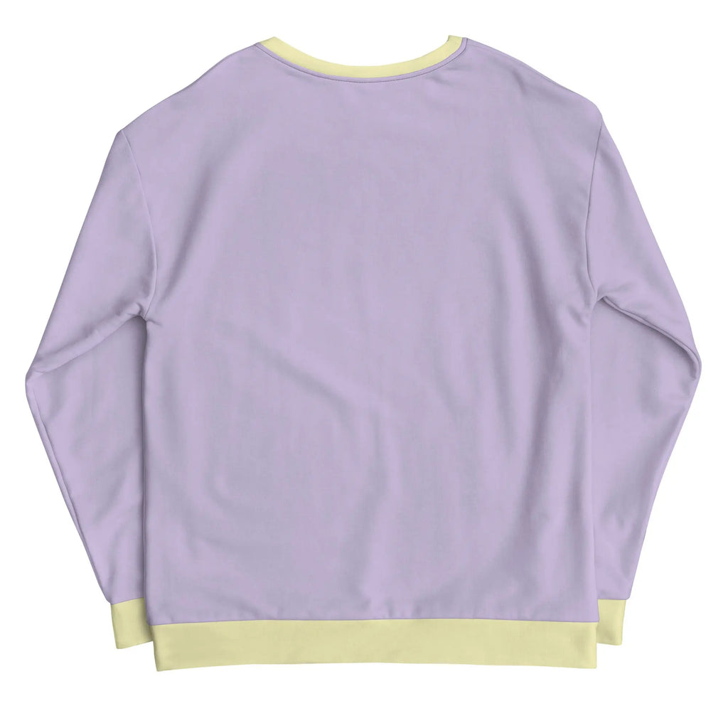 Back view of a Purple Fog Tropical Sweatshirt for men in light purple with contrasting yellow accents.