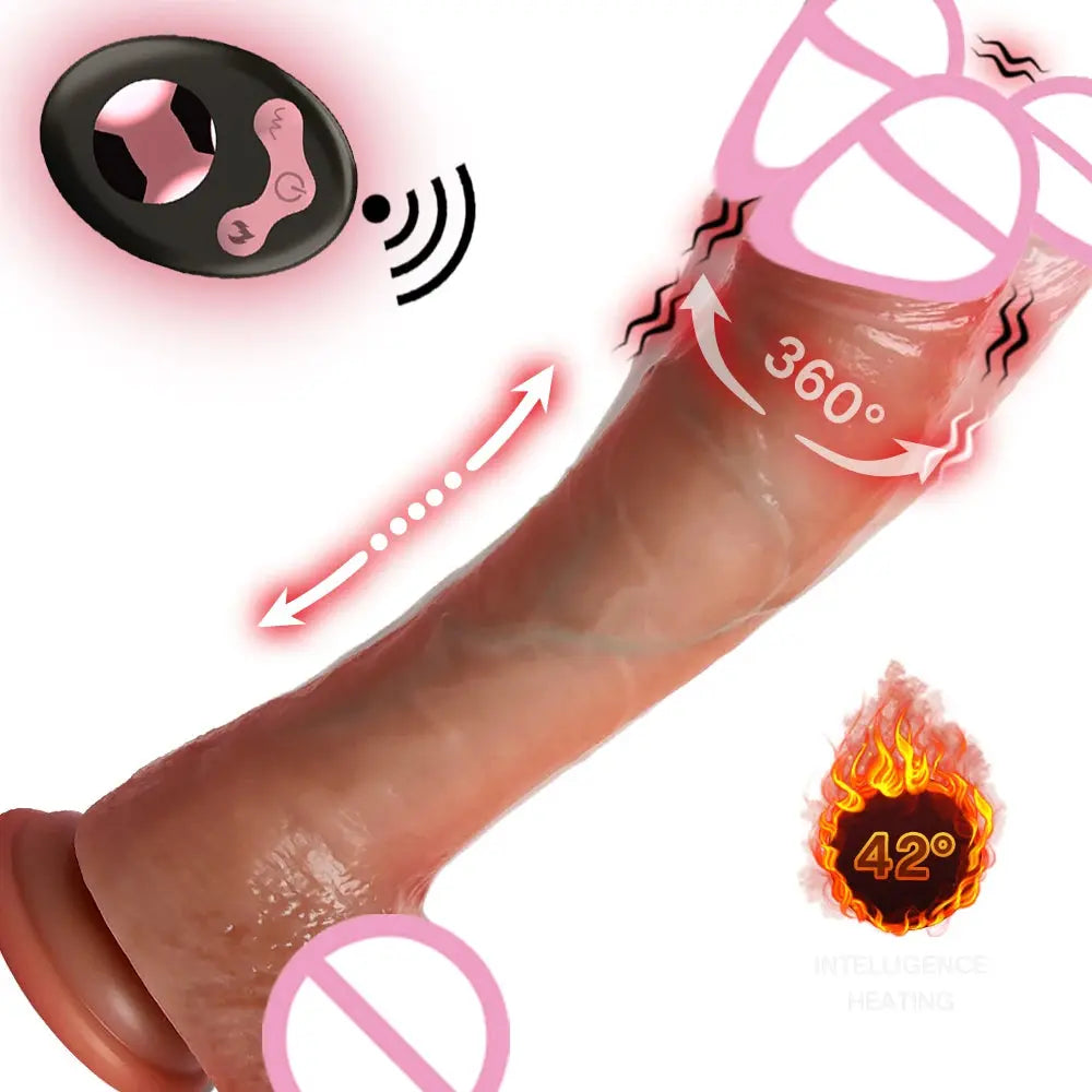 Realistic 9.65-inch telescopic dildo vibrator with rotating features, designed for vaginal masturbation and adult pleasure use.