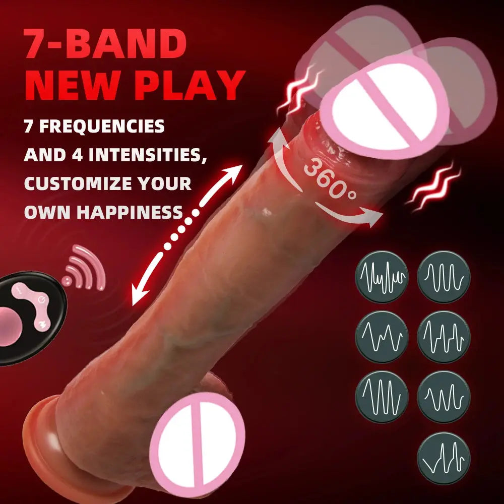 Realistic 9.65-inch telescopic dildo vibrator with rotating features, designed for vaginal masturbation and sexual pleasure.