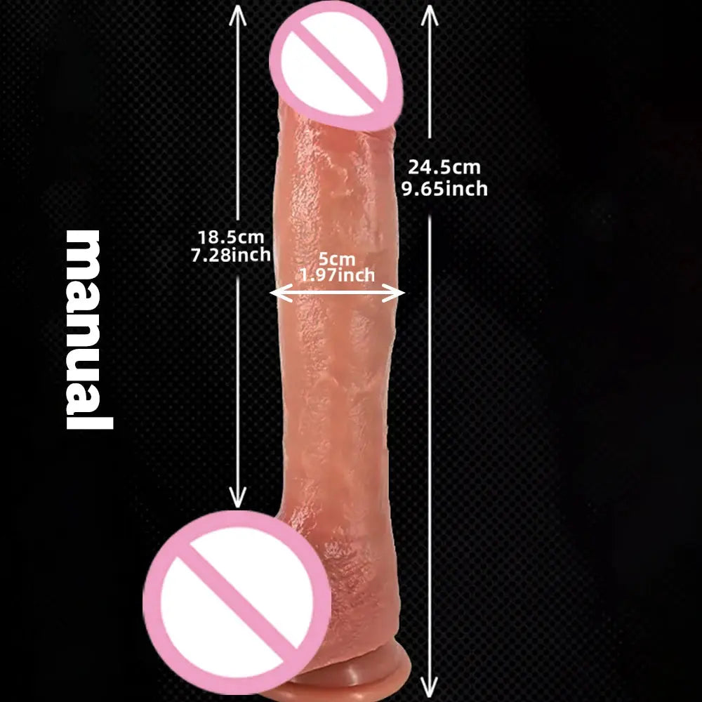 Realistic 9.65-inch dildo vibrator with telescopic shaft, rotating feature, designed for vaginal pleasure and masturbation.