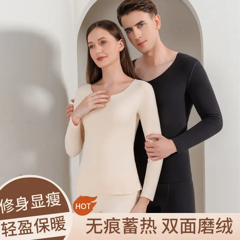 Black thermal underwear set for men and women by SHOPEZRA L.L.C., fleece-lined, seamless, double-sided brushed, suitable for autumn and winter.