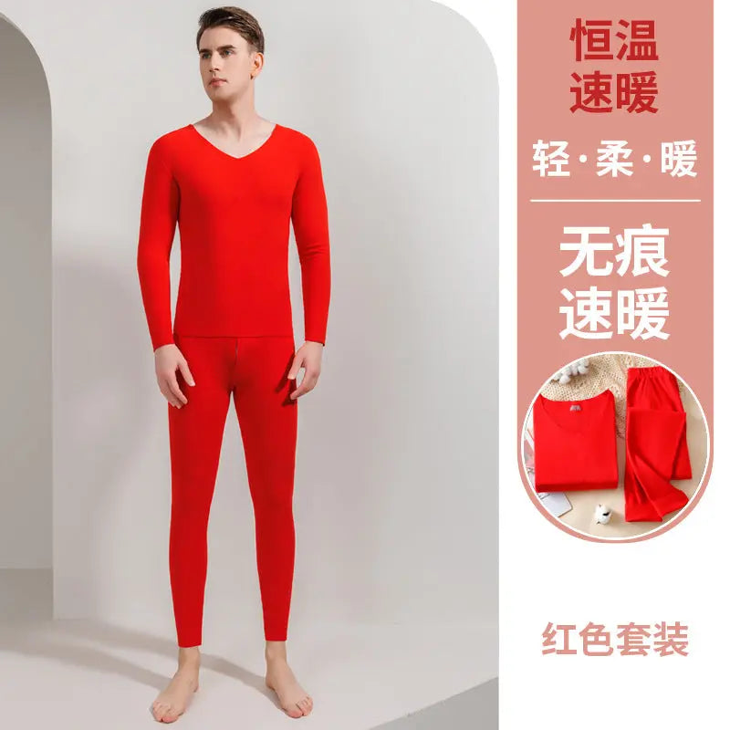 Black couple's seamless thermal underwear set by SHOPEZRA L.L.C., fleece-lined long pants for men and women in autumn and winter.