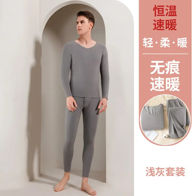 Black couple's thermal underwear set for men and women, fleece-lined, seamless, thickened for autumn and winter, long pants.
