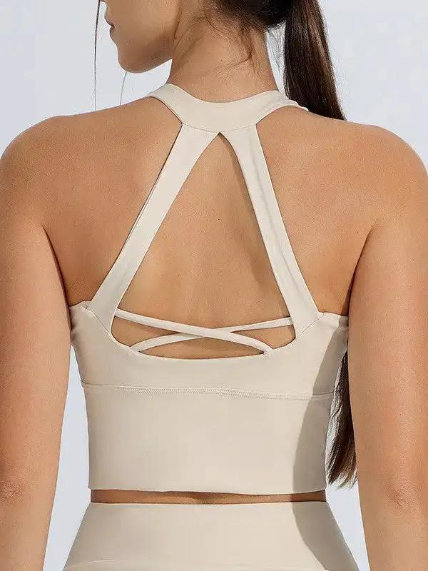 Milky white women's sports underwear set with shockproof high-strength running and yoga suit, including a one-piece fixed yoga bra vest.