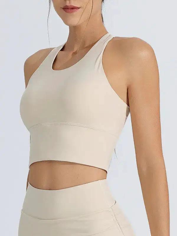 Milky white women's sports underwear set with shockproof high-strength running and yoga suit, including a one-piece fixed yoga bra vest.