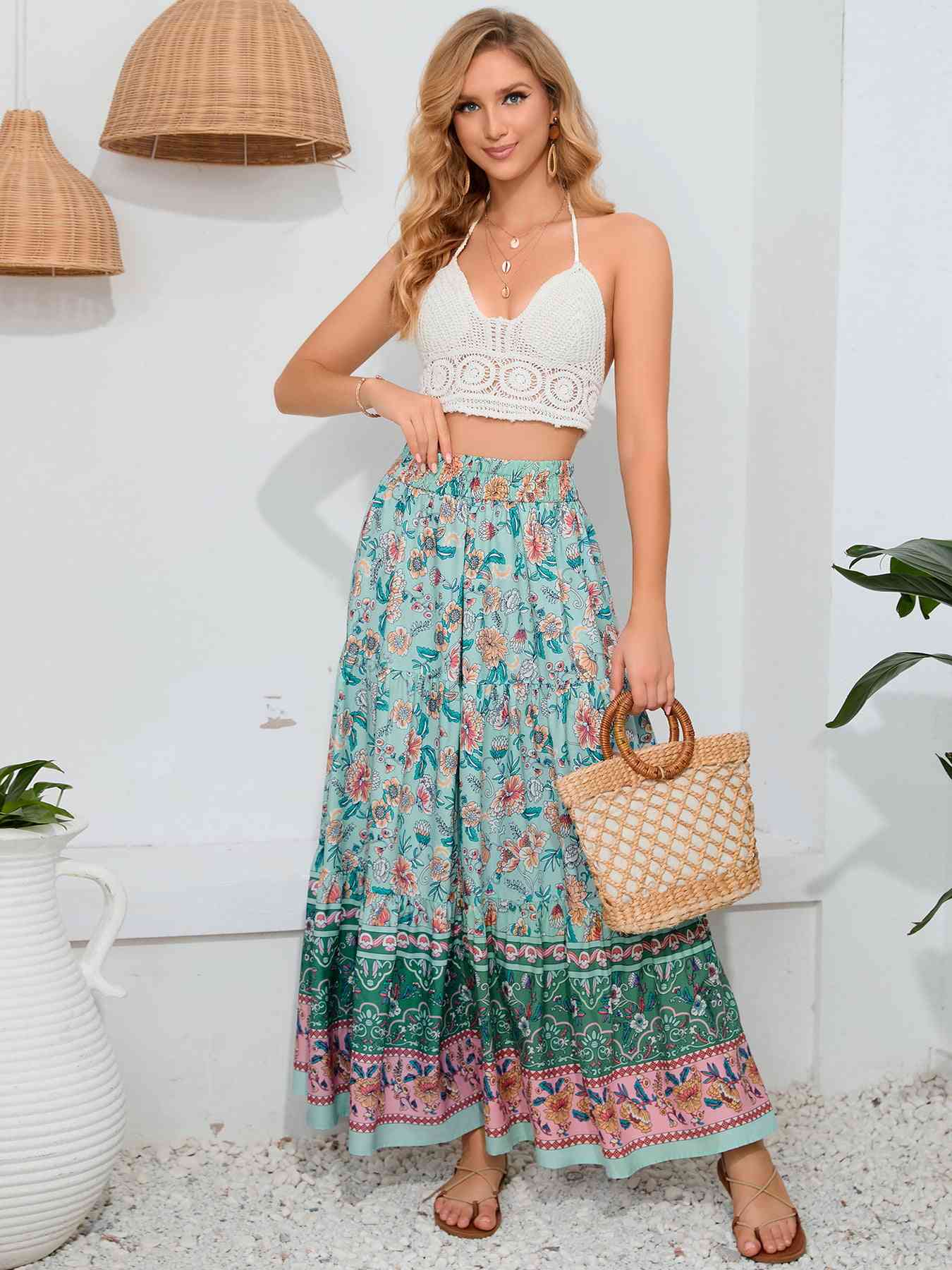 Multicolor Marty Boho Maxi Skirt by SHOPEZRA L.L.C. with flowing fabric and vibrant patterns, perfect for a bohemian style.