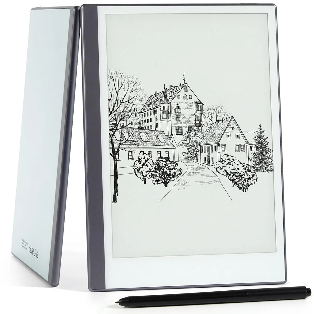 Android ePaper tablet for note taking showcasing a stylish design with a drawing on the E-ink screen and stylus.