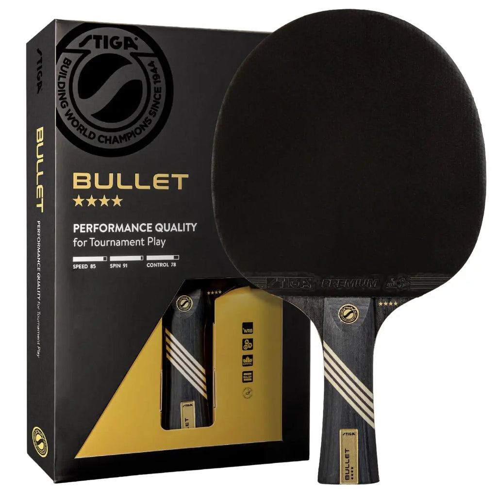STIGA Bullet Ping Pong Paddle in packaging showcasing 5-ply design and performance quality for tournament play.