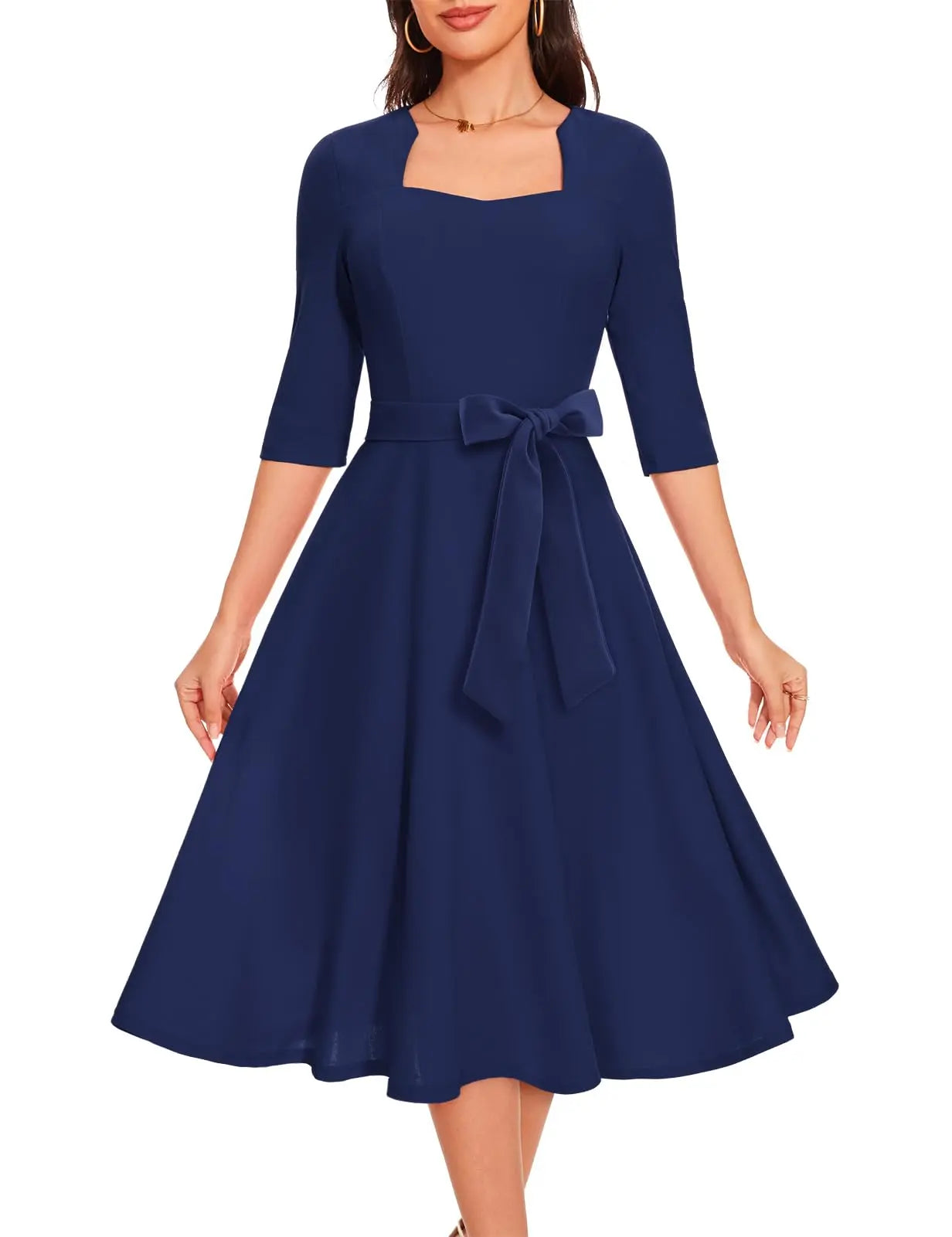 Navy plus size modest cocktail dress with sweetheart neckline and decorative belt, perfect for elegant occasions.