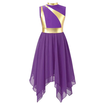Teen Girls Modern Lyrical Ballroom Dance Performance Costume Sleeveless Asymmetrical Hem Dress Church Choir Worship Robe Gown by Dropshipman