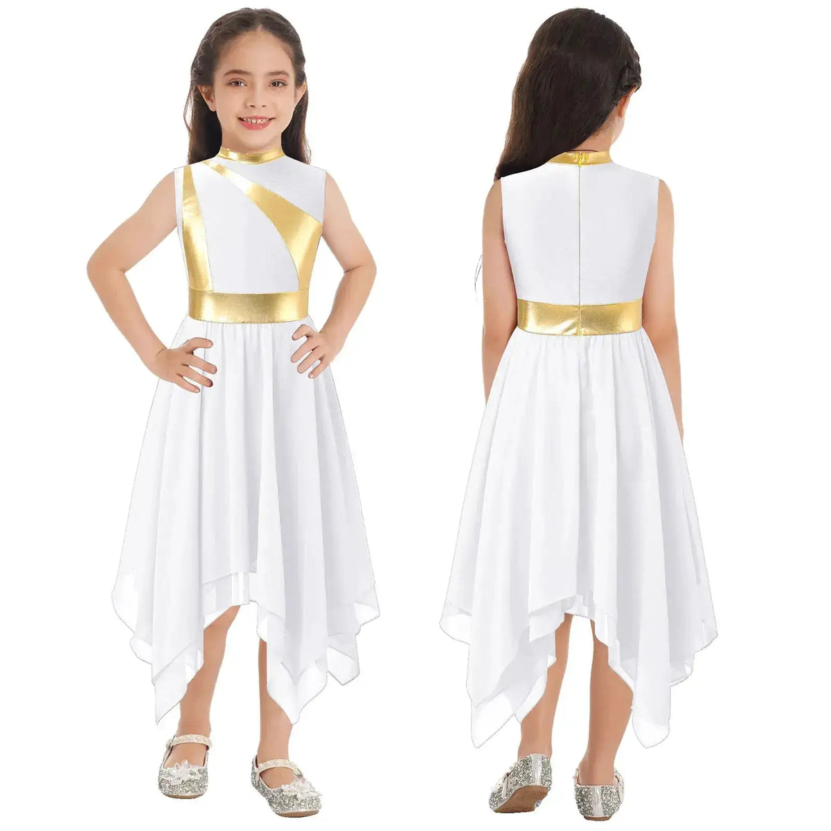 Teen Girls Modern Lyrical Ballroom Dance Performance Costume Sleeveless Asymmetrical Hem Dress Church Choir Worship Robe Gown by Dropshipman