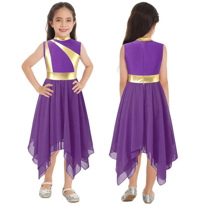 Teen Girls Modern Lyrical Ballroom Dance Performance Costume Sleeveless Asymmetrical Hem Dress Church Choir Worship Robe Gown by Dropshipman