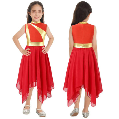 Teen Girls Modern Lyrical Ballroom Dance Performance Costume Sleeveless Asymmetrical Hem Dress Church Choir Worship Robe Gown by Dropshipman
