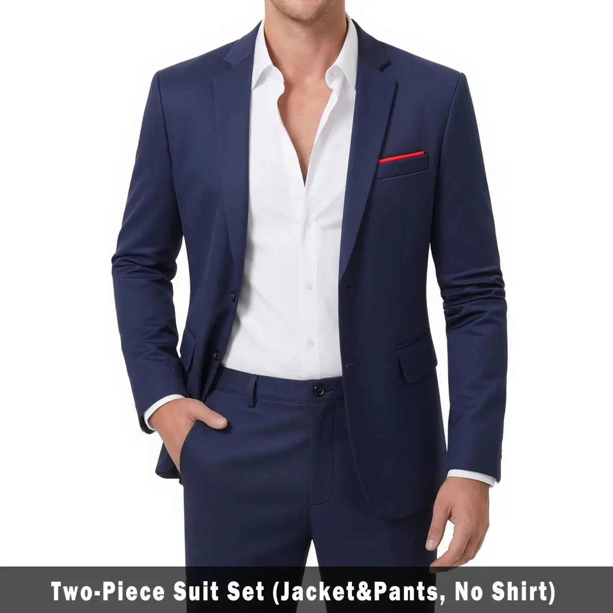 Navy blue men's slim fit tuxedo suit set for weddings and formal occasions, featuring a tailored jacket and matching trousers.
