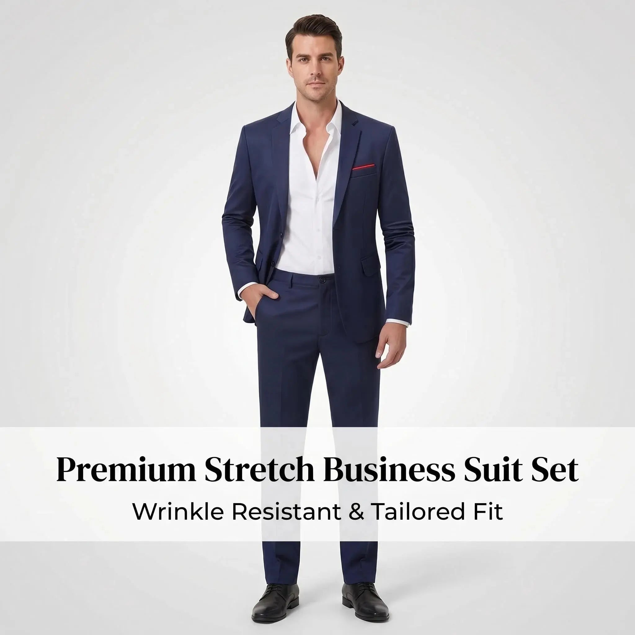 Navy blue men's slim fit tuxedo suit set by SHOPEZRA L.L.C. for weddings and formal occasions, tailored for wedding grooms.