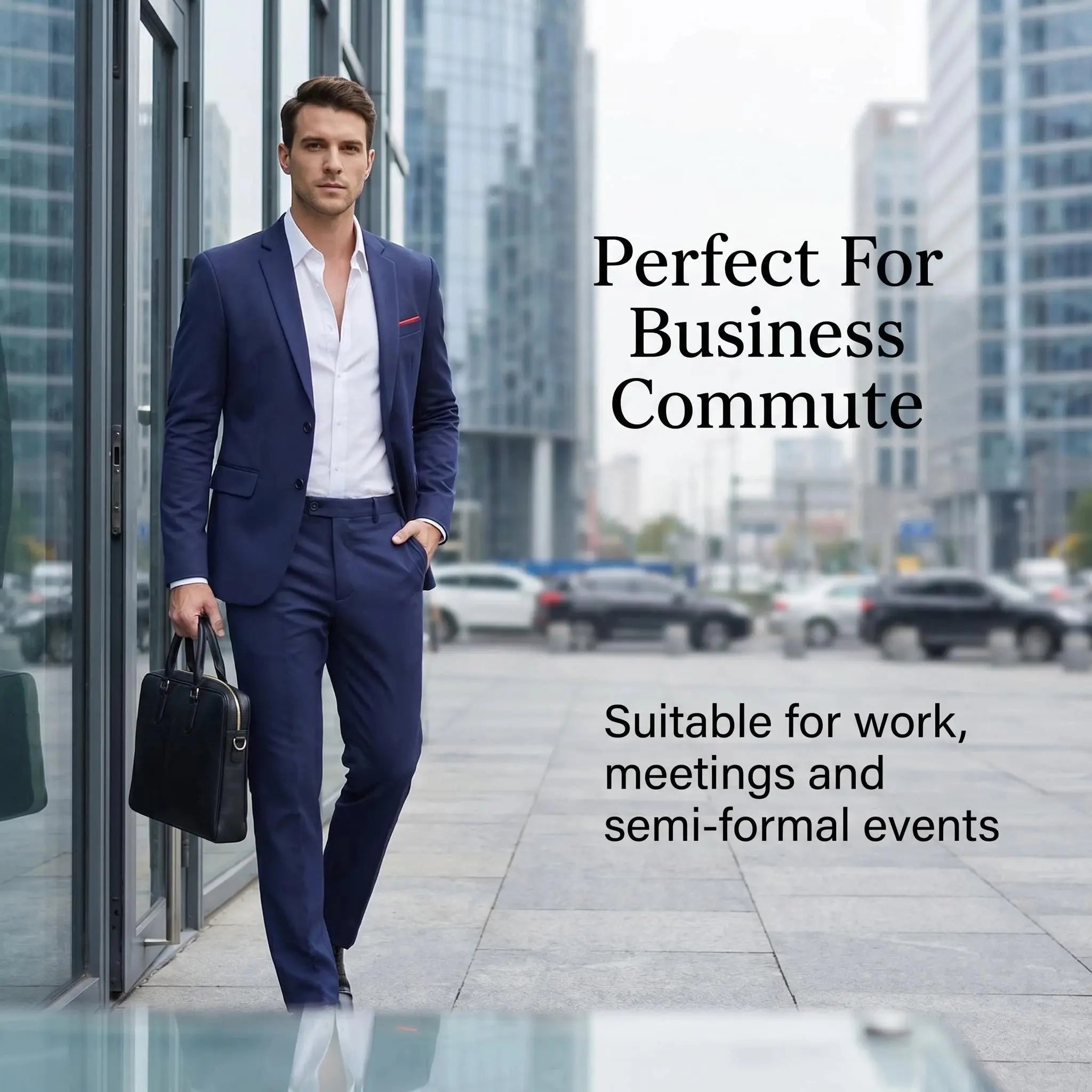 Navy blue men's slim fit tuxedo suit set by SHOPEZRA L.L.C. with notch lapel jacket, matching trousers, and dress shirt for formal events.