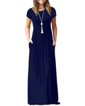 women's casual maxi dress with pockets in navy blue, short sleeve, lightweight fabric, perfect for summer and autumn wear.