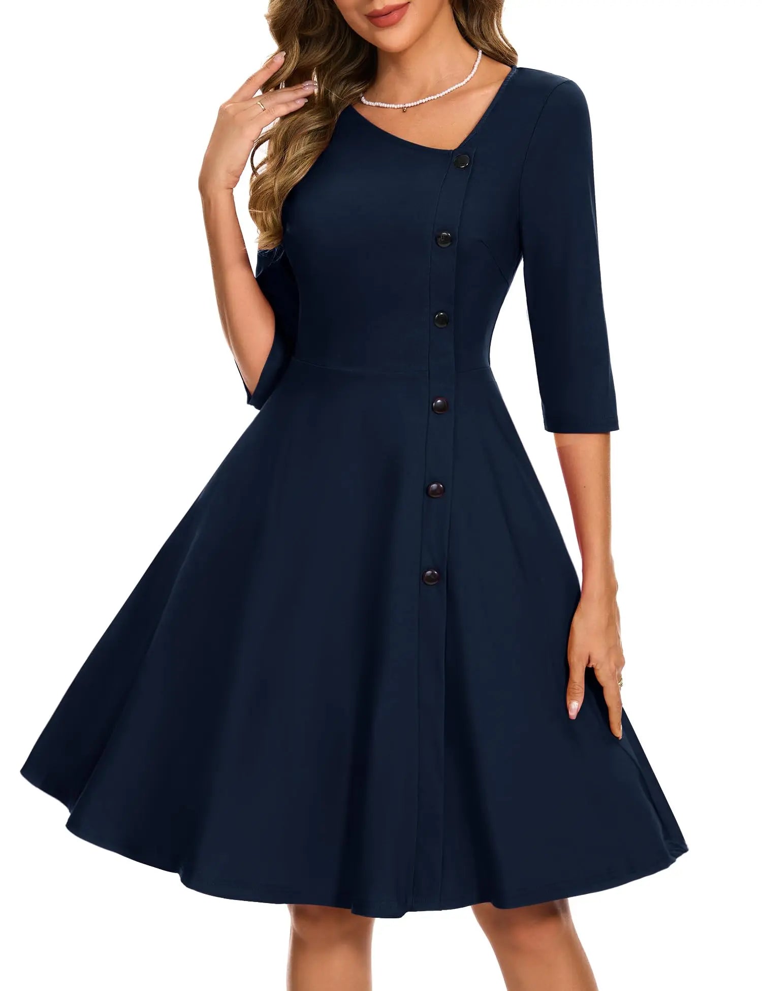 Aupuls 1950s vintage cocktail dress for women, long sleeve navy swing dress with buttons, perfect for fall events.
