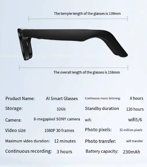 Shopezra L.L.C. AI camera smart glasses with sleek design and built-in camera for capturing photos and videos naturally.