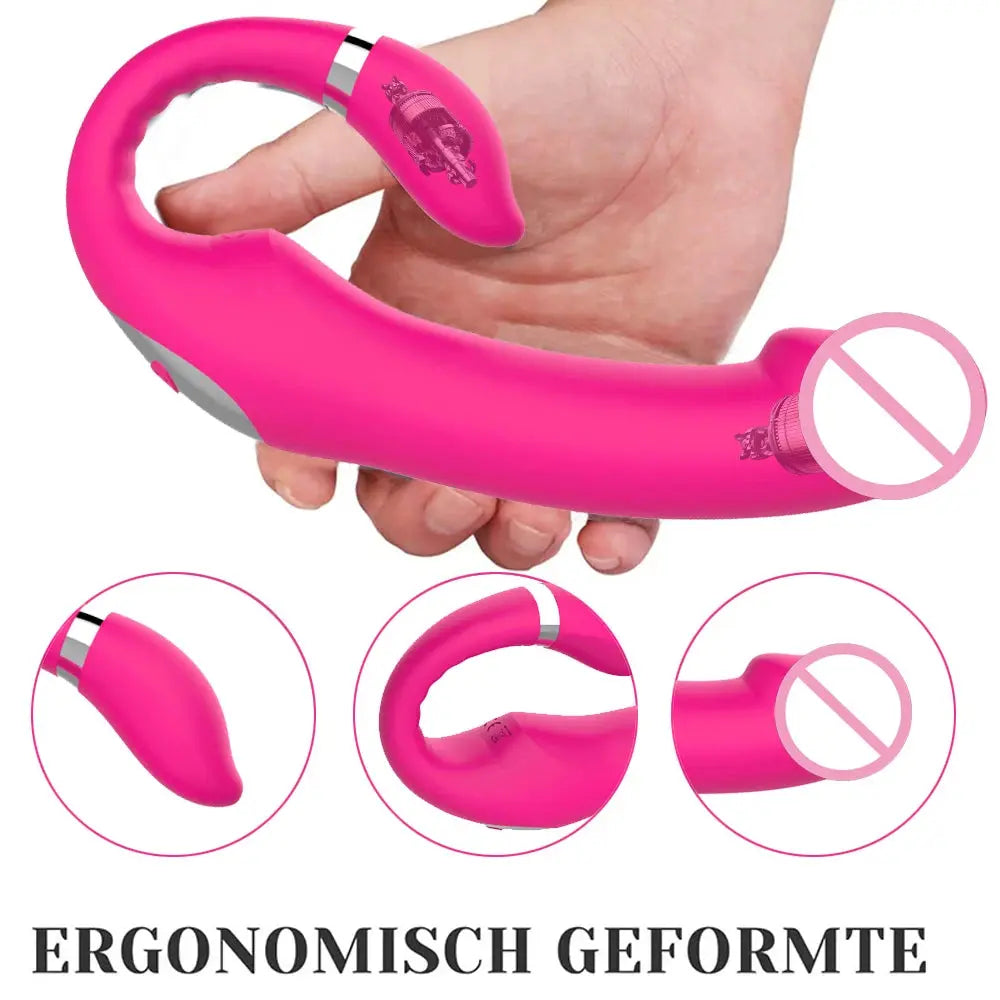 Double dildo and G-spot vibrator for women, with heating feature, clitoral stimulator, and anal vibrator for adult pleasure.