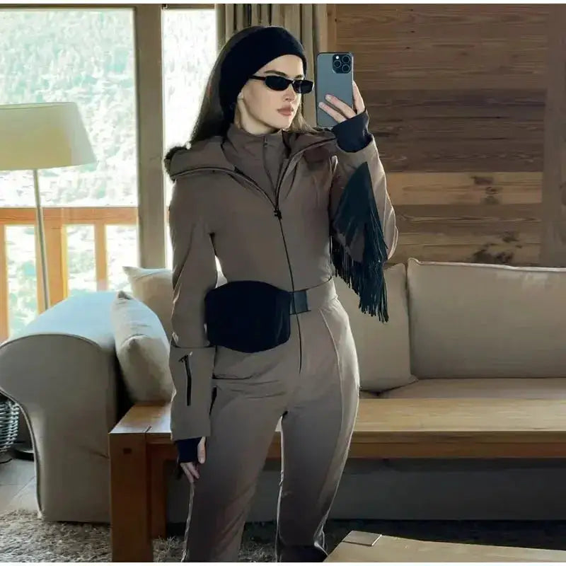 Women Fur Collar Hooded Skiwear Fashion Solid Thicken Zipper High Waist Slim Outdoor Overalls Jumpsuit Lady Winter Outwear by Dropshipman