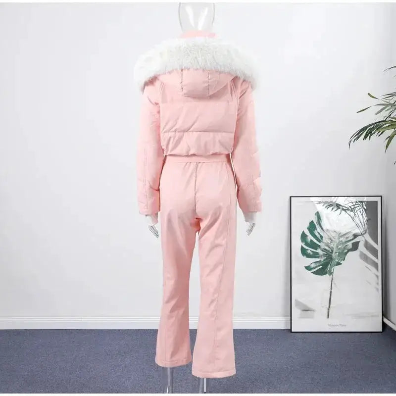 Women Fur Collar Hooded Skiwear Fashion Solid Thicken Zipper High Waist Slim Outdoor Overalls Jumpsuit Lady Winter Outwear by Dropshipman