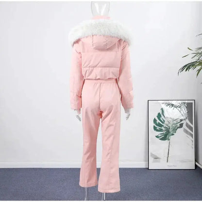 Women Fur Collar Hooded Skiwear Fashion Solid Thicken Zipper High Waist Slim Outdoor Overalls Jumpsuit Lady Winter Outwear by Dropshipman