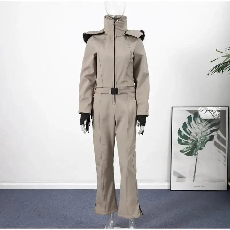 Women Fur Collar Hooded Skiwear Fashion Solid Thicken Zipper High Waist Slim Outdoor Overalls Jumpsuit Lady Winter Outwear by Dropshipman