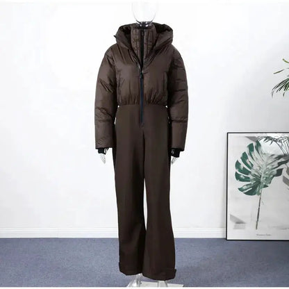 Women Fur Collar Hooded Skiwear Fashion Solid Thicken Zipper High Waist Slim Outdoor Overalls Jumpsuit Lady Winter Outwear by Dropshipman