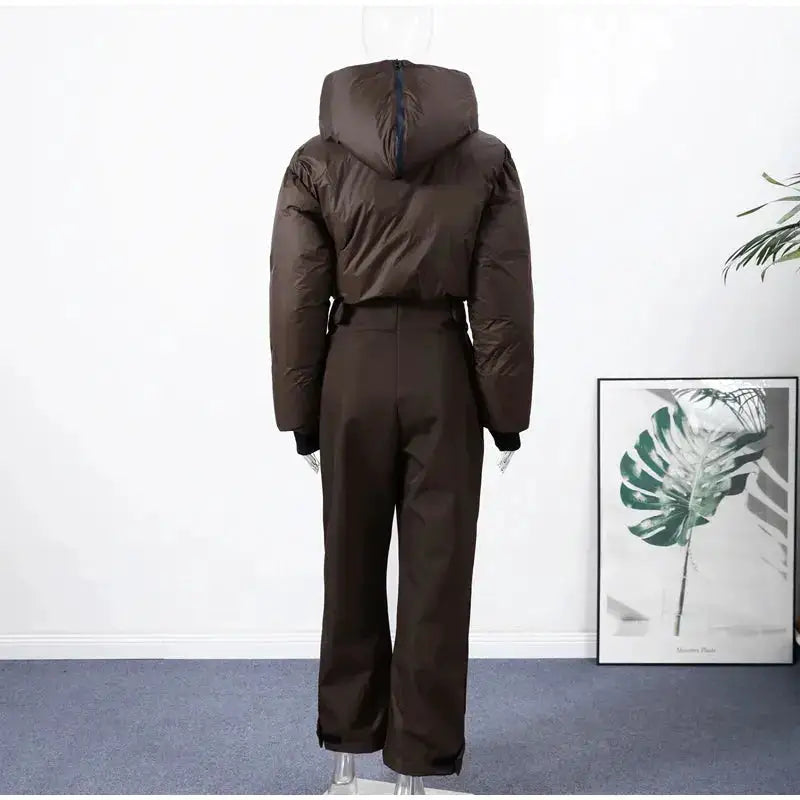 Women Fur Collar Hooded Skiwear Fashion Solid Thicken Zipper High Waist Slim Outdoor Overalls Jumpsuit Lady Winter Outwear by Dropshipman