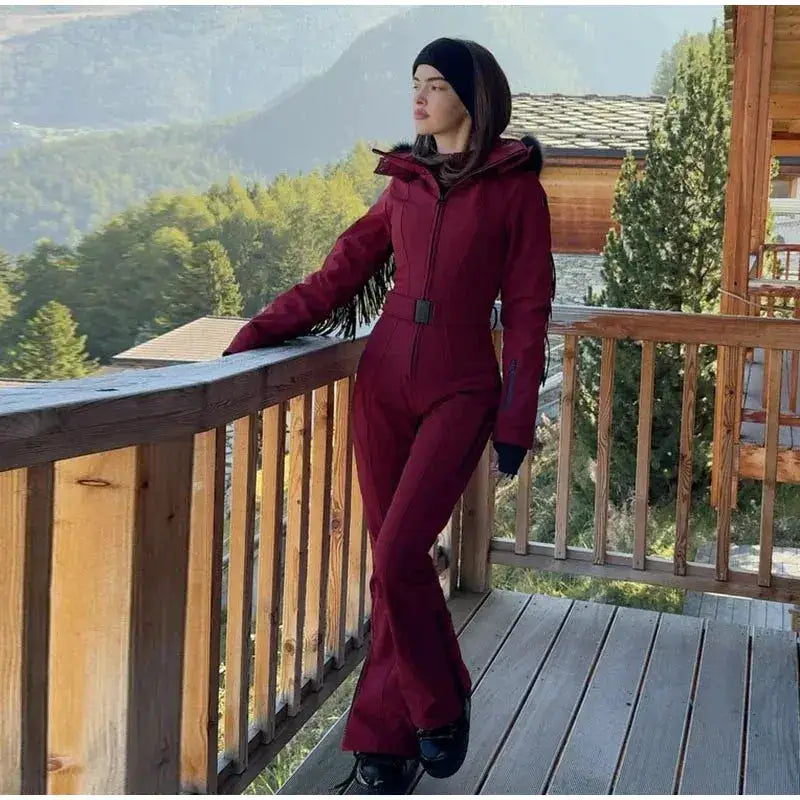 Women Fur Collar Hooded Skiwear Fashion Solid Thicken Zipper High Waist Slim Outdoor Overalls Jumpsuit Lady Winter Outwear by Dropshipman