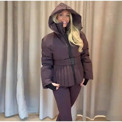Women Fur Collar Hooded Skiwear Fashion Solid Thicken Zipper High Waist Slim Outdoor Overalls Jumpsuit Lady Winter Outwear by Dropshipman