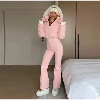 Women Fur Collar Hooded Skiwear Fashion Solid Thicken Zipper High Waist Slim Outdoor Overalls Jumpsuit Lady Winter Outwear by Dropshipman